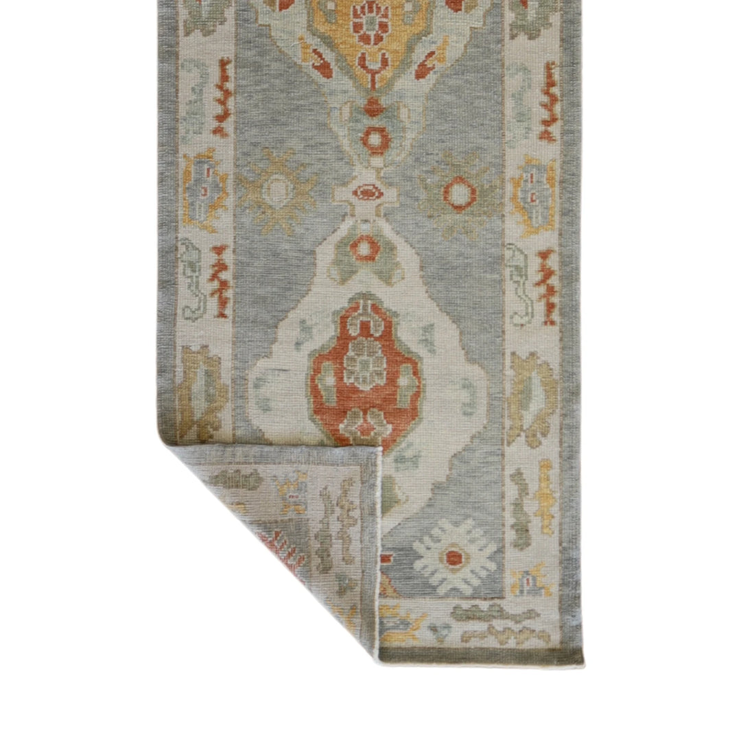 3' 1" x 9' 11" BLUE AND BEIGE OUSHAK GEOMETRIC TURKISH RUG