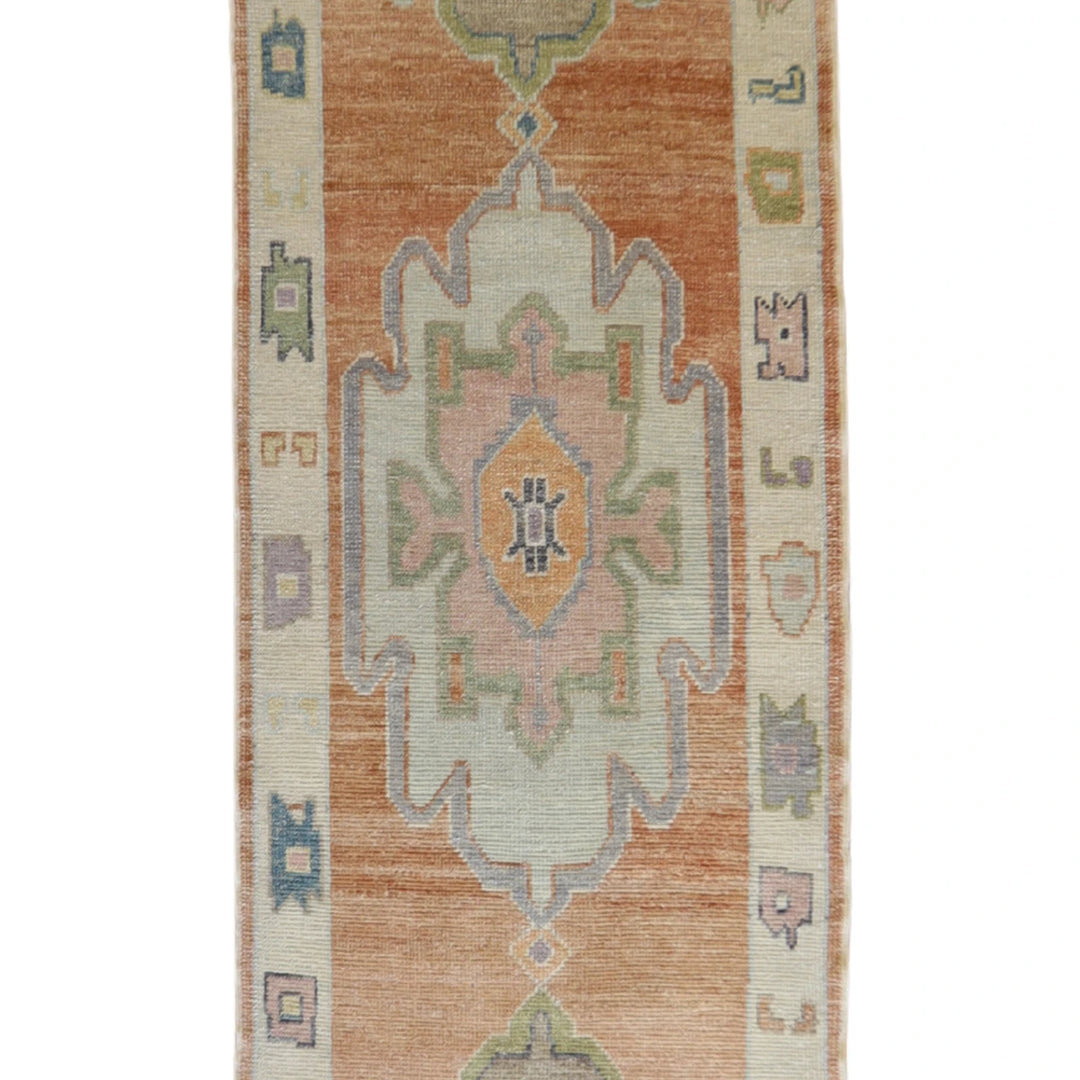 3' 1" x 13' 4" SALMON AND BEIGE OUSHAK GEOMETRIC TURKISH RUG