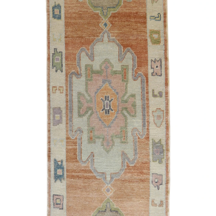 3' 1" x 13' 4" SALMON AND BEIGE OUSHAK GEOMETRIC TURKISH RUG