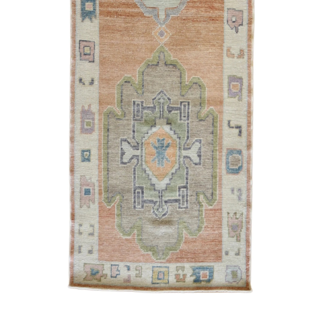 3' 1" x 13' 4" SALMON AND BEIGE OUSHAK GEOMETRIC TURKISH RUG