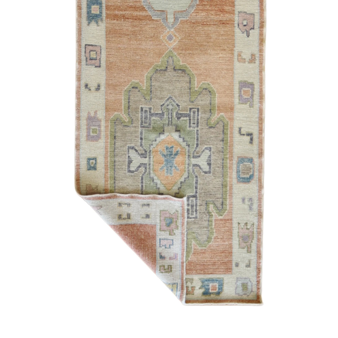 3' 1" x 13' 4" SALMON AND BEIGE OUSHAK GEOMETRIC TURKISH RUG
