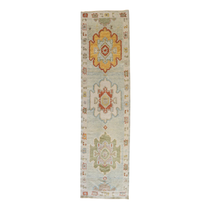 3' 2" x 12' 1" BLUE AND BEIGE OUSHAK GEOMETRIC TURKISH RUG