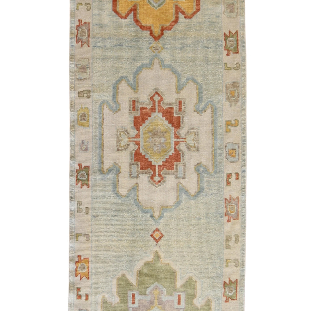 3' 2" x 12' 1" BLUE AND BEIGE OUSHAK GEOMETRIC TURKISH RUG