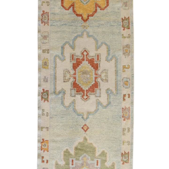 3' 2" x 12' 1" BLUE AND BEIGE OUSHAK GEOMETRIC TURKISH RUG