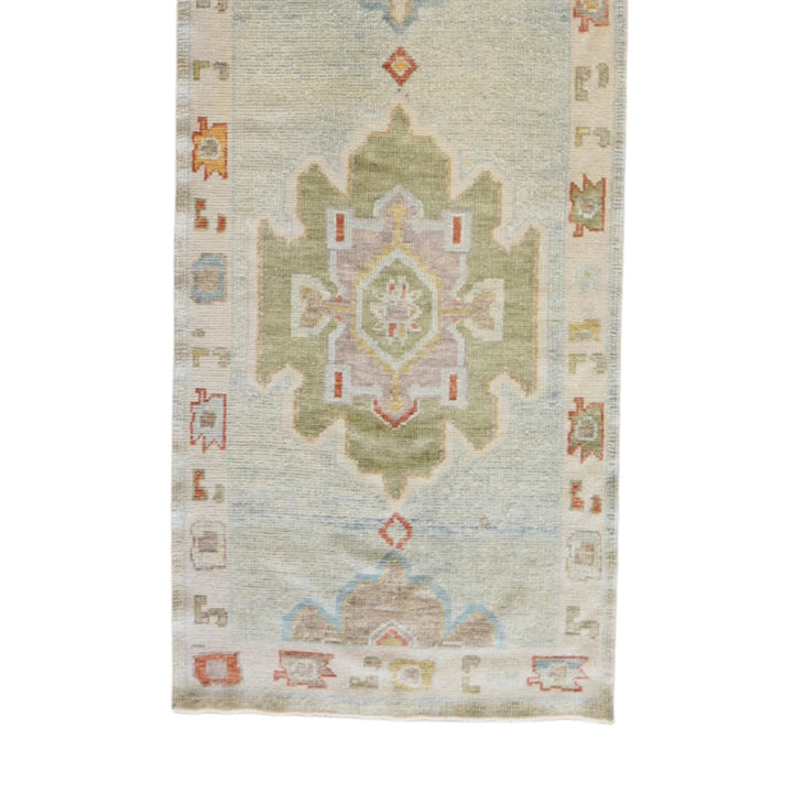 3' 2" x 12' 1" BLUE AND BEIGE OUSHAK GEOMETRIC TURKISH RUG