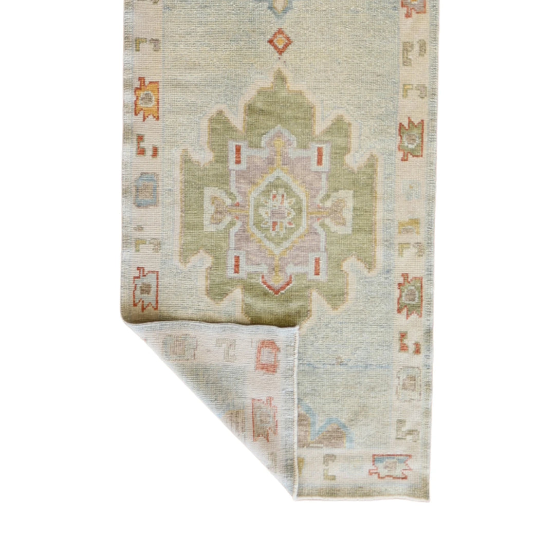 3' 2" x 12' 1" BLUE AND BEIGE OUSHAK GEOMETRIC TURKISH RUG