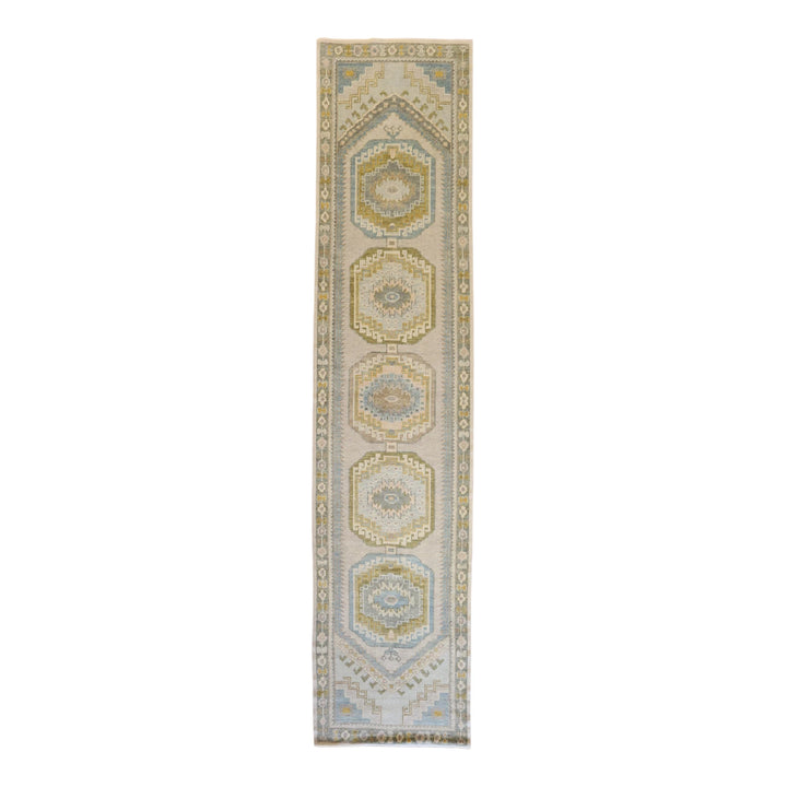 3' 0" x 13' 7" BEIGE AND GREEN OUSHAK GEOMETRIC TURKISH RUG