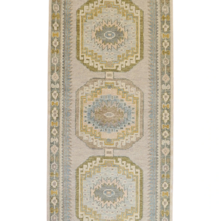 3' 0" x 13' 7" BEIGE AND GREEN OUSHAK GEOMETRIC TURKISH RUG