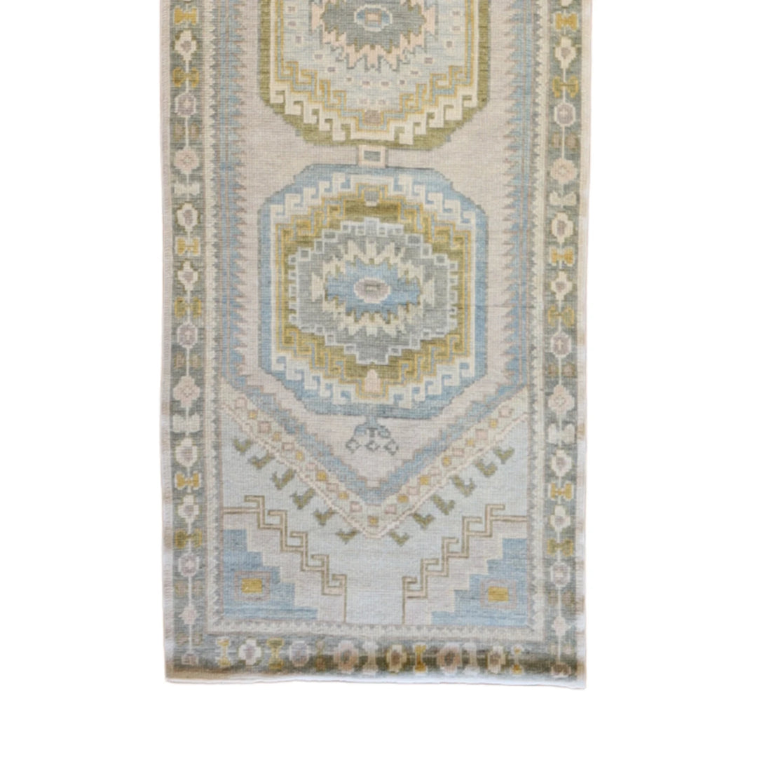 3' 0" x 13' 7" BEIGE AND GREEN OUSHAK GEOMETRIC TURKISH RUG