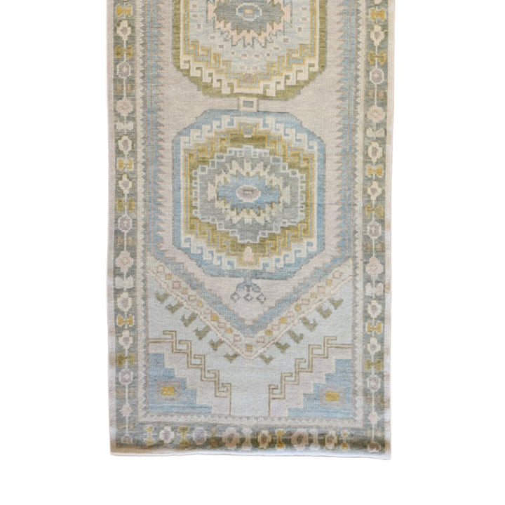3' 0" x 13' 7" BEIGE AND GREEN OUSHAK GEOMETRIC TURKISH RUG