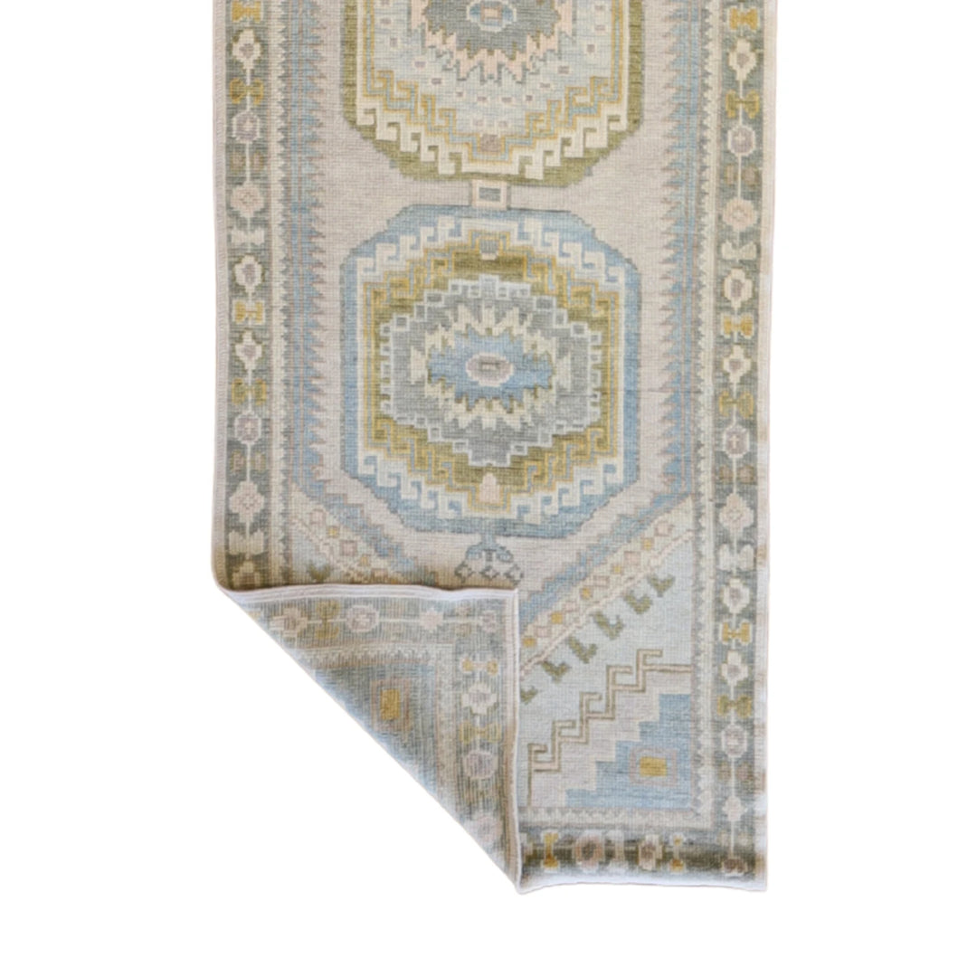 3' 0" x 13' 7" BEIGE AND GREEN OUSHAK GEOMETRIC TURKISH RUG