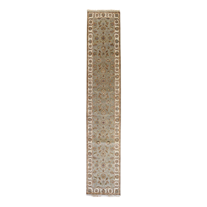 2'6" x 13'10" GREEN AND IVORY JAIPUR FLORAL INDIAN RUG