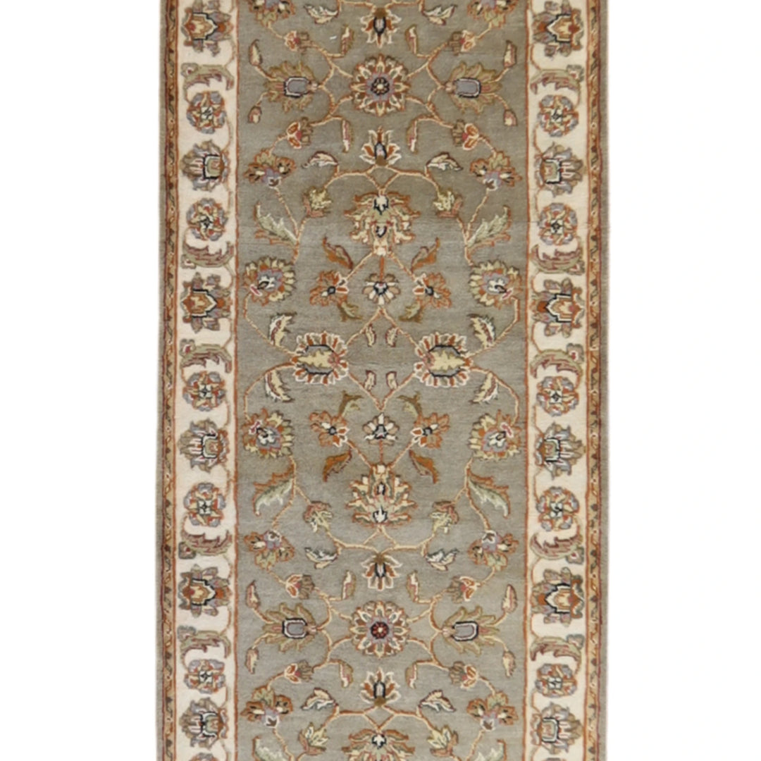 2'6" x 13'10" GREEN AND IVORY JAIPUR FLORAL INDIAN RUG