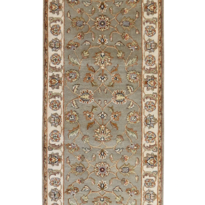 2'6" x 13'10" GREEN AND IVORY JAIPUR FLORAL INDIAN RUG