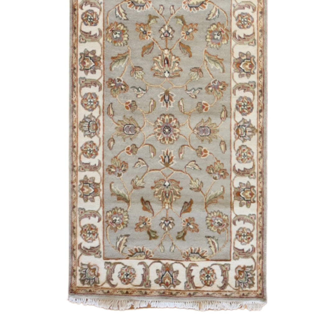 2'6" x 13'10" GREEN AND IVORY JAIPUR FLORAL INDIAN RUG