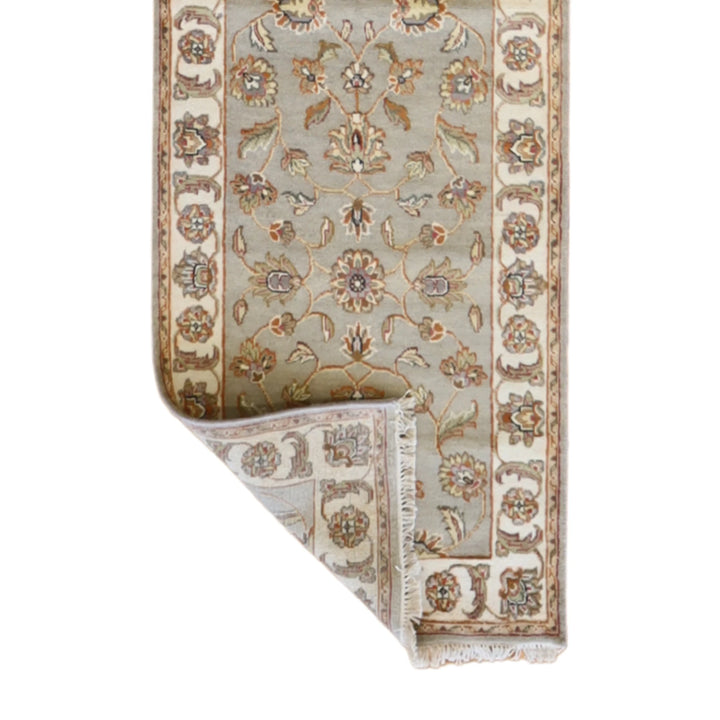 2'6" x 13'10" GREEN AND IVORY JAIPUR FLORAL INDIAN RUG
