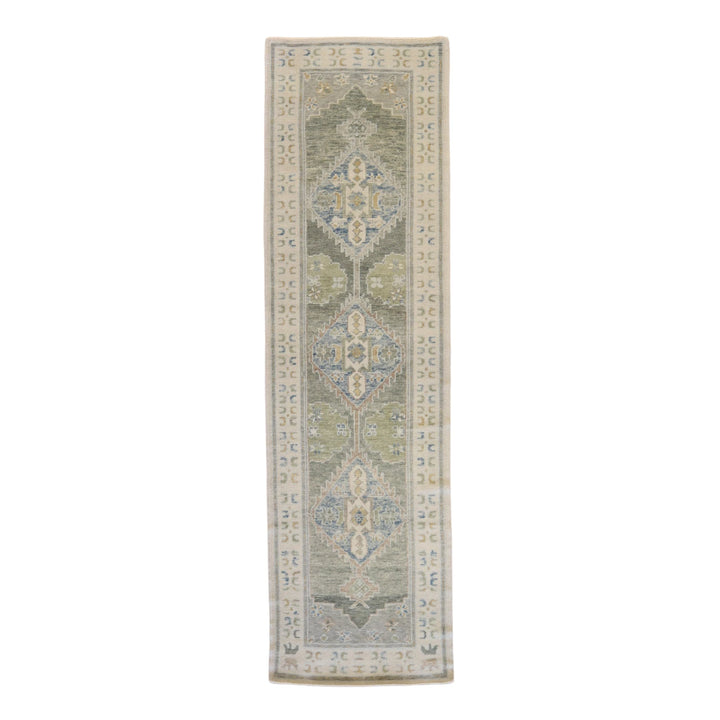 3' 1" x 10' 9" GREEN AND BEIGE OUSHAK GEOMETRIC TURKISH RUG