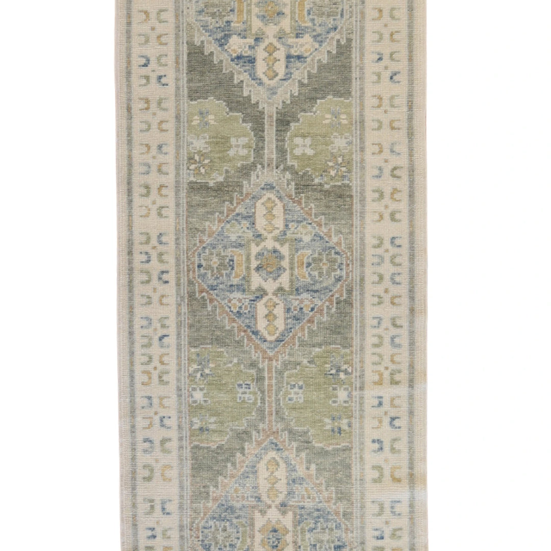 3' 1" x 10' 9" GREEN AND BEIGE OUSHAK GEOMETRIC TURKISH RUG