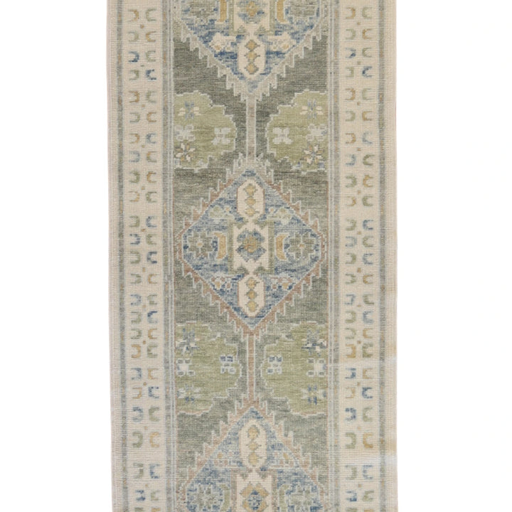 3' 1" x 10' 9" GREEN AND BEIGE OUSHAK GEOMETRIC TURKISH RUG