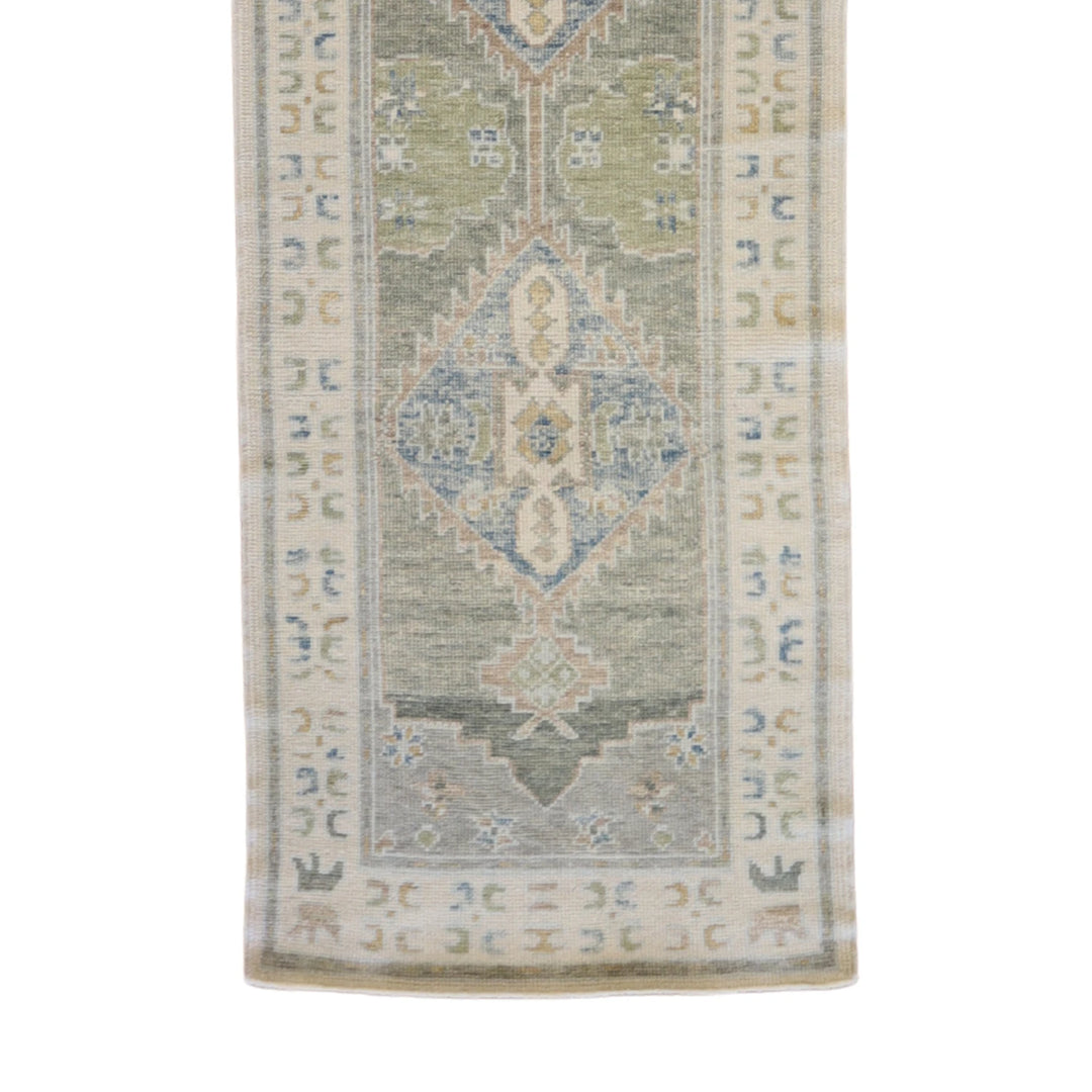 3' 1" x 10' 9" GREEN AND BEIGE OUSHAK GEOMETRIC TURKISH RUG