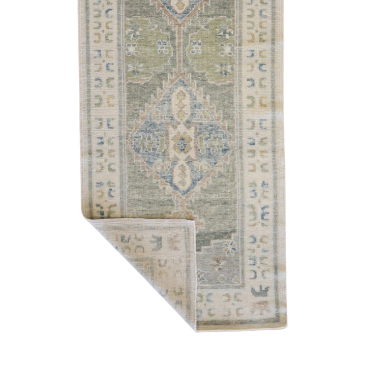 3' 1" x 10' 9" GREEN AND BEIGE OUSHAK GEOMETRIC TURKISH RUG