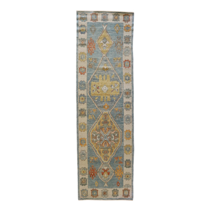 2' 11" x 9' 9" BLUE AND BEIGE OUSHAK GEOMETRIC TURKISH RUG
