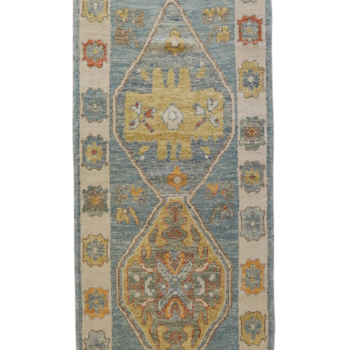 2' 11" x 9' 9" BLUE AND BEIGE OUSHAK GEOMETRIC TURKISH RUG