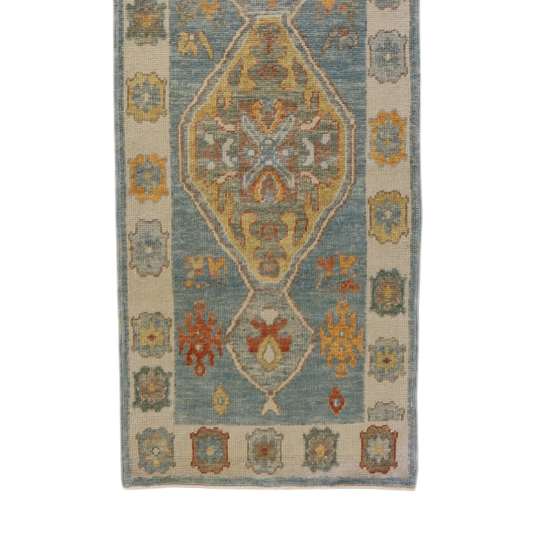 2' 11" x 9' 9" BLUE AND BEIGE OUSHAK GEOMETRIC TURKISH RUG