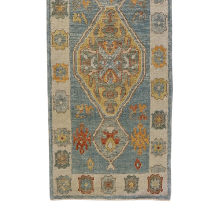 2' 11" x 9' 9" BLUE AND BEIGE OUSHAK GEOMETRIC TURKISH RUG