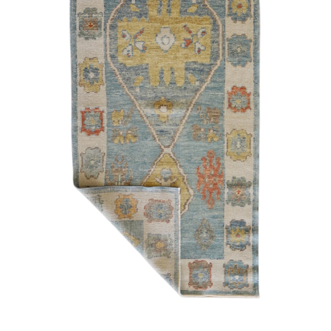2' 11" x 9' 9" BLUE AND BEIGE OUSHAK GEOMETRIC TURKISH RUG