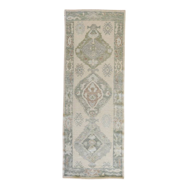 3' 2" x 8' 8" BEIGE AND GREEN OUSHAK GEOMETRIC TURKISH RUG