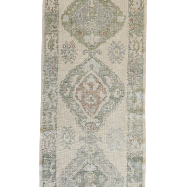 3' 2" x 8' 8" BEIGE AND GREEN OUSHAK GEOMETRIC TURKISH RUG