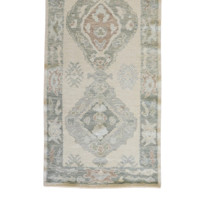 3' 2" x 8' 8" BEIGE AND GREEN OUSHAK GEOMETRIC TURKISH RUG
