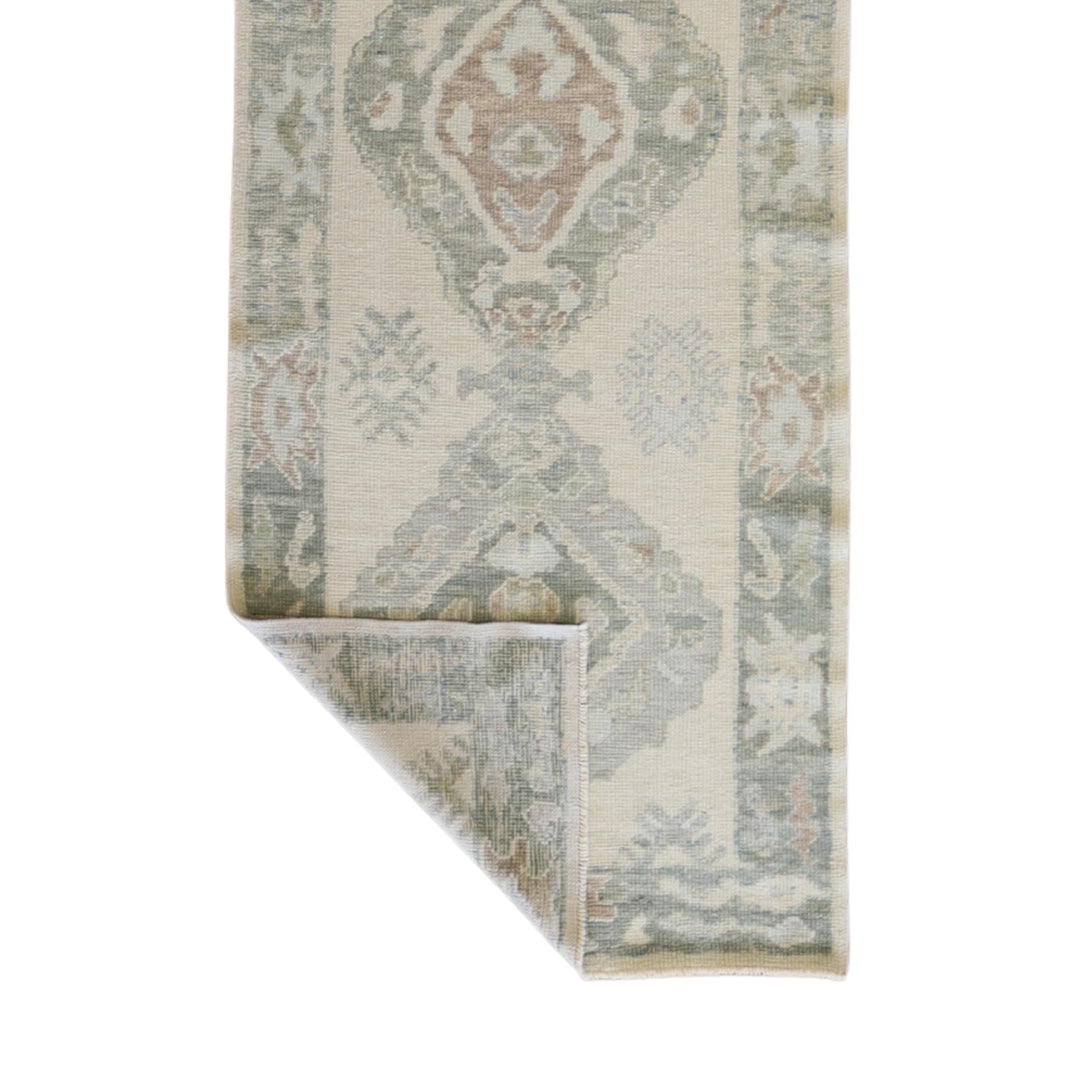 3' 2" x 8' 8" BEIGE AND GREEN OUSHAK GEOMETRIC TURKISH RUG