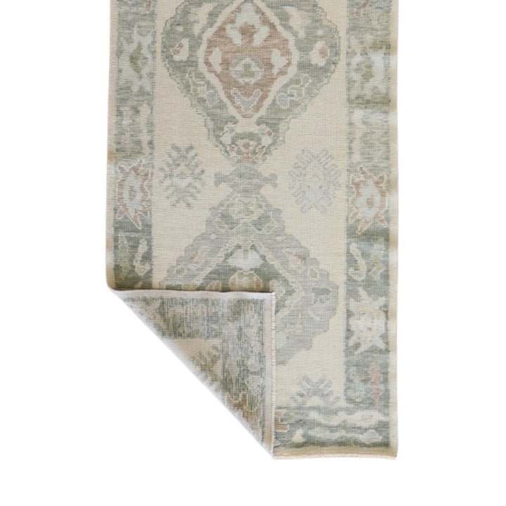 3' 2" x 8' 8" BEIGE AND GREEN OUSHAK GEOMETRIC TURKISH RUG