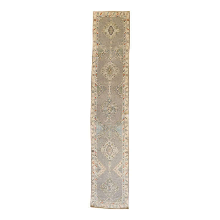 3' 0" x 15' 9" GRAY AND BEIGE OUSHAK GEOMETRIC TURKISH RUG