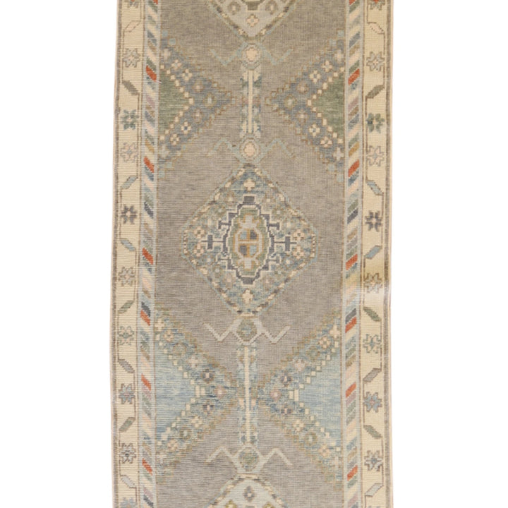 3' 0" x 15' 9" GRAY AND BEIGE OUSHAK GEOMETRIC TURKISH RUG