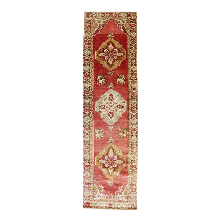 3' 4" x 12' 2" RED AND TAN ANATOLIA GEOMETRIC TURKISH RUG