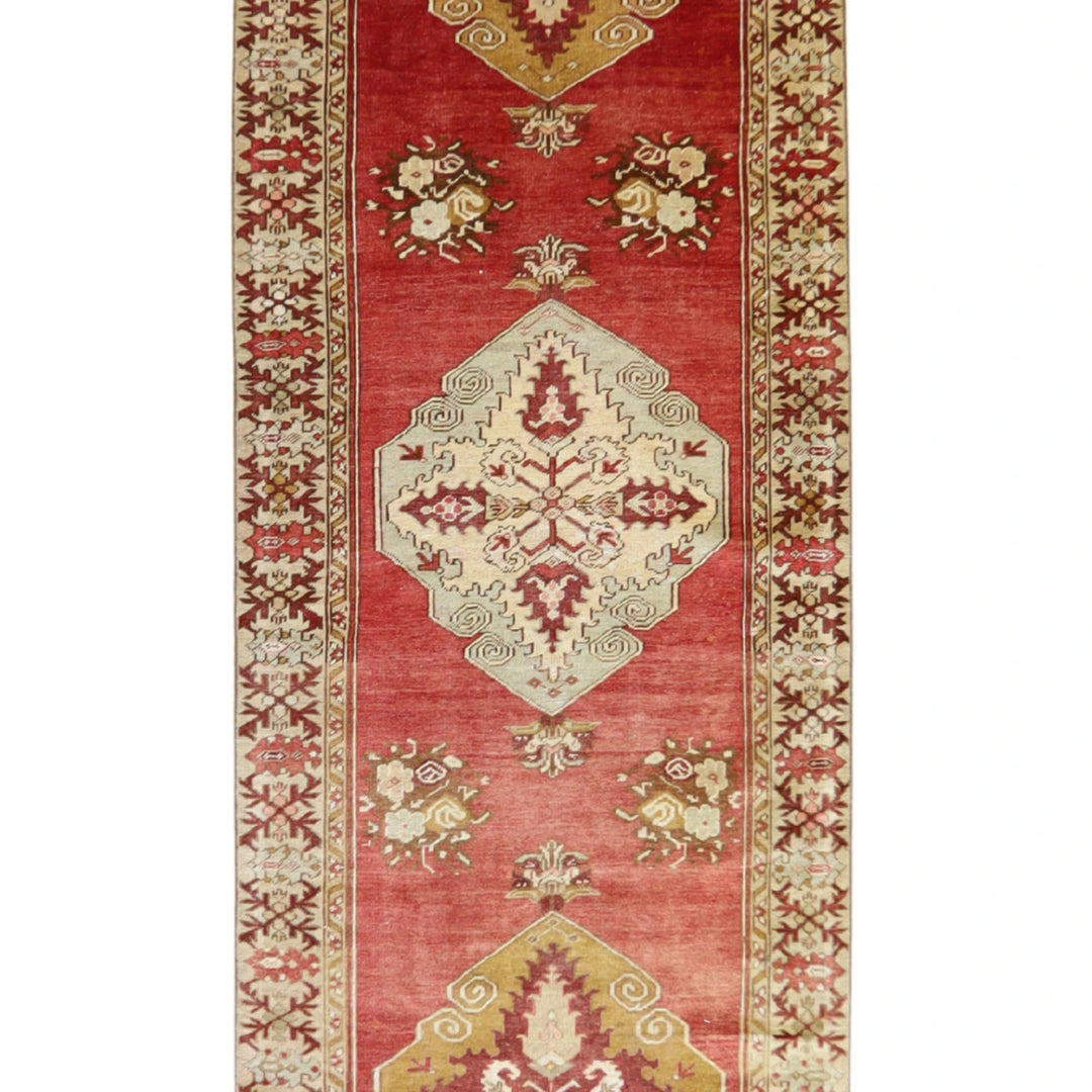 3' 4" x 12' 2" RED AND TAN ANATOLIA GEOMETRIC TURKISH RUG