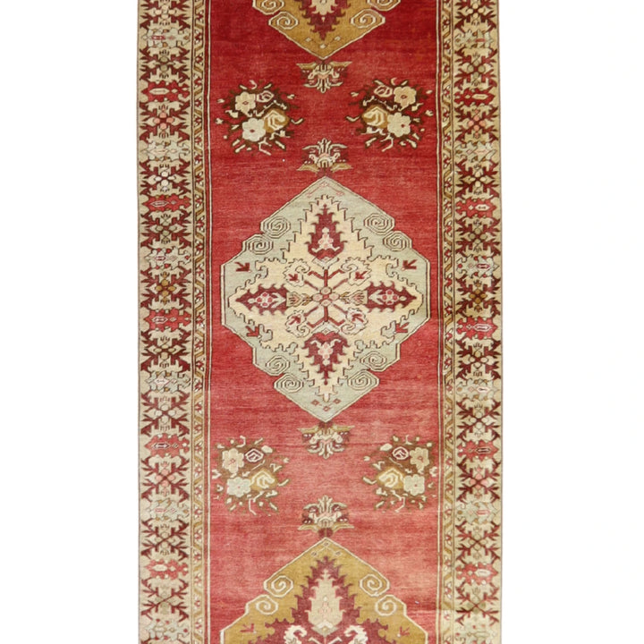 3' 4" x 12' 2" RED AND TAN ANATOLIA GEOMETRIC TURKISH RUG