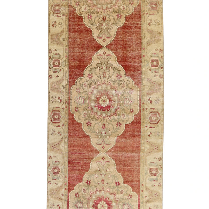 3' 6" x 12' 5" PINK AND IVORY ANATOLIA GEOMETRIC TURKISH RUG