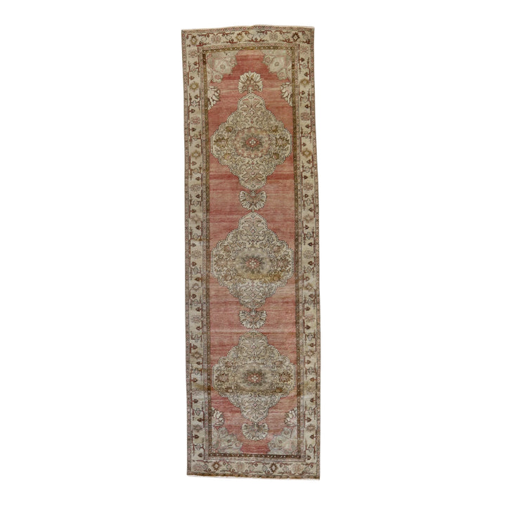 3' 2" x 10' 9" PINK AND BEIGE ANATOLIA GEOMETRIC TURKISH RUG