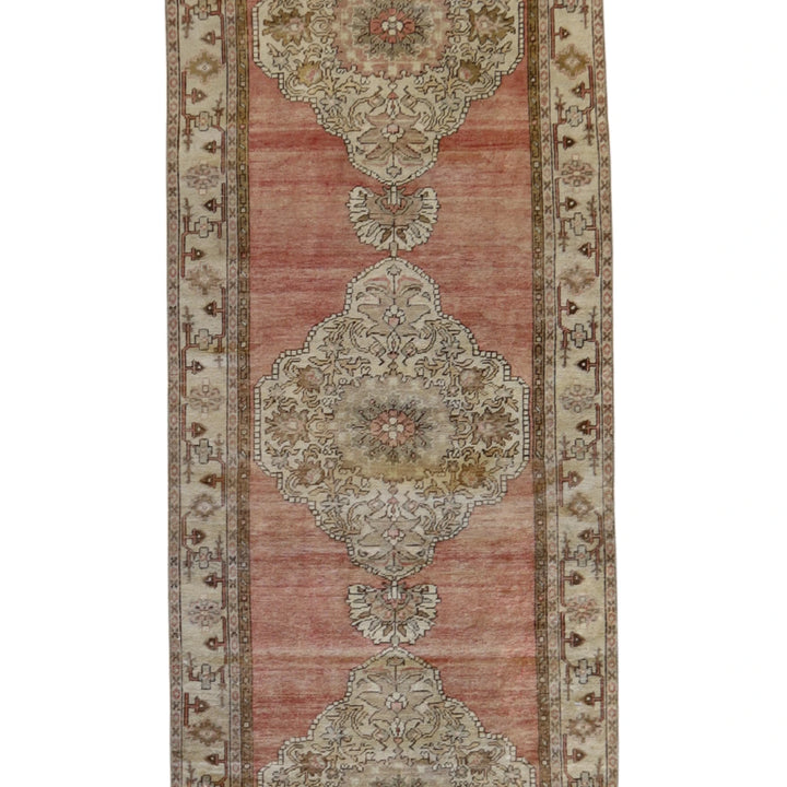 3' 2" x 10' 9" PINK AND BEIGE ANATOLIA GEOMETRIC TURKISH RUG