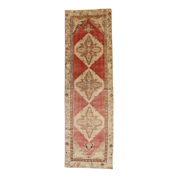 3'4" x 11'3" RED AND BEIGE ANATOLIA GEOMETRIC TURKISH RUG