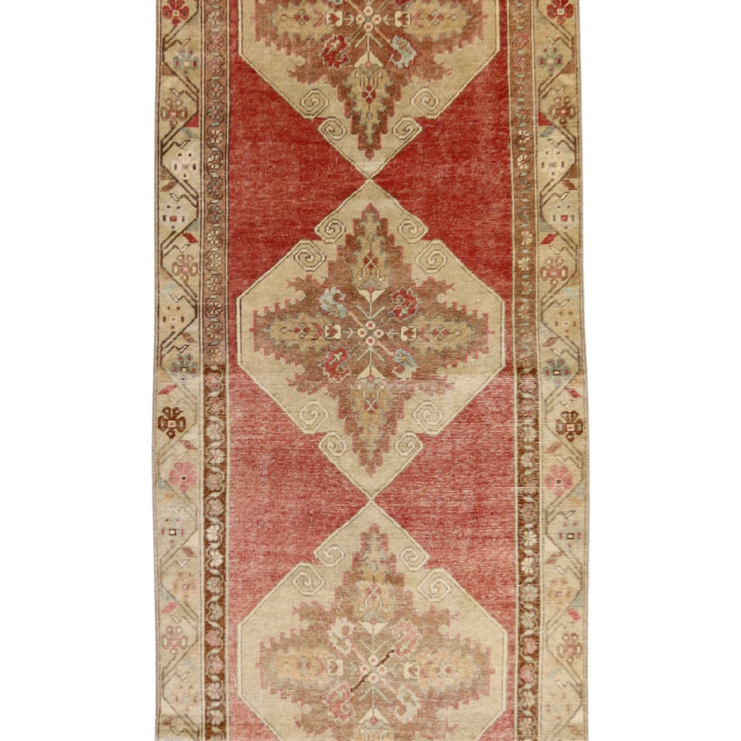 3'4" x 11'3" RED AND BEIGE ANATOLIA GEOMETRIC TURKISH RUG