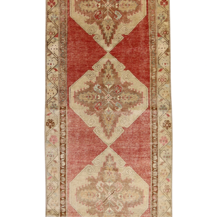 3'4" x 11'3" RED AND BEIGE ANATOLIA GEOMETRIC TURKISH RUG