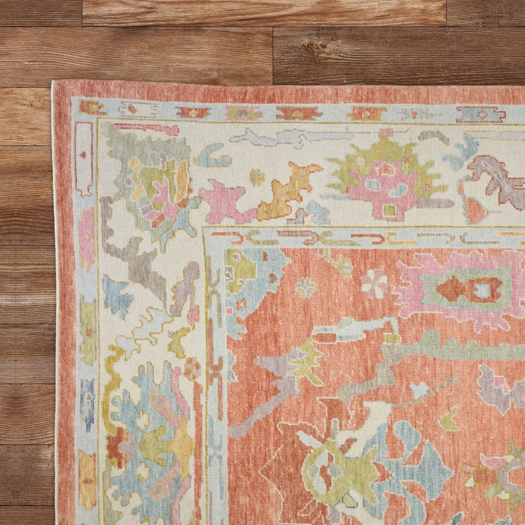 9'2" x 12'5" SALMON AND BEIGE OUSHAK GEOMETRIC TURKISH RUG
