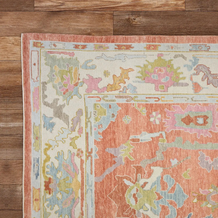 9'2" x 12'5" SALMON AND BEIGE OUSHAK GEOMETRIC TURKISH RUG