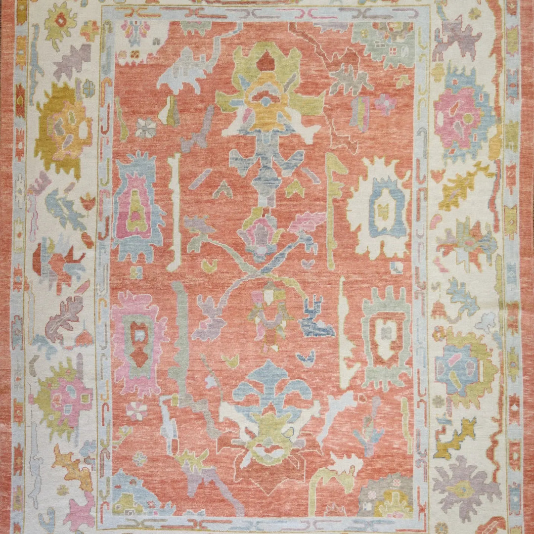 9'2" x 12'5" SALMON AND BEIGE OUSHAK GEOMETRIC TURKISH RUG
