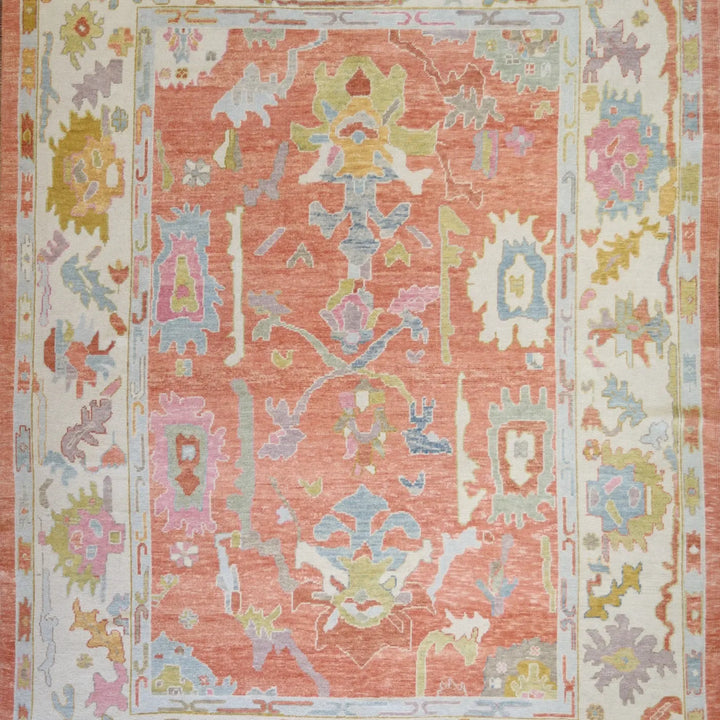 9'2" x 12'5" SALMON AND BEIGE OUSHAK GEOMETRIC TURKISH RUG